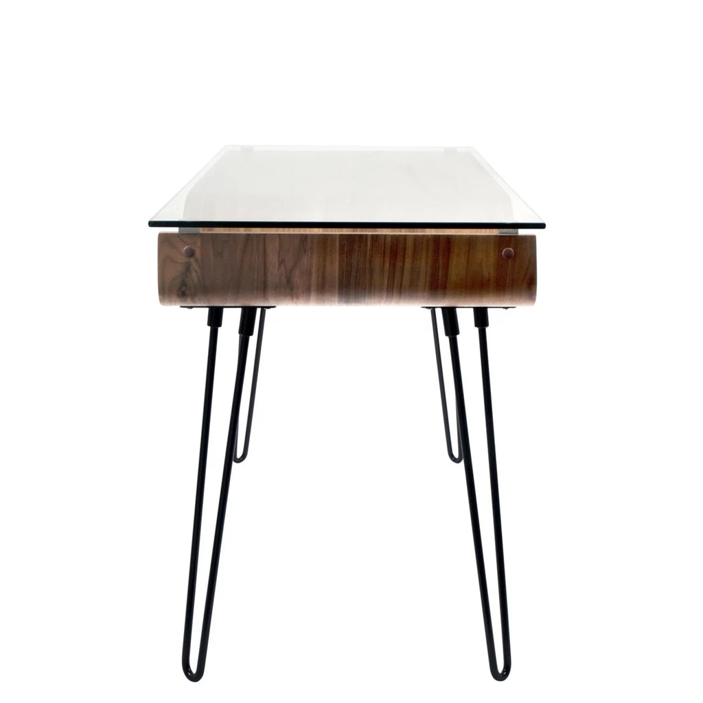 Mid-Century Modern Desk in Walnut Wood, Glass, and Black Metal P2653