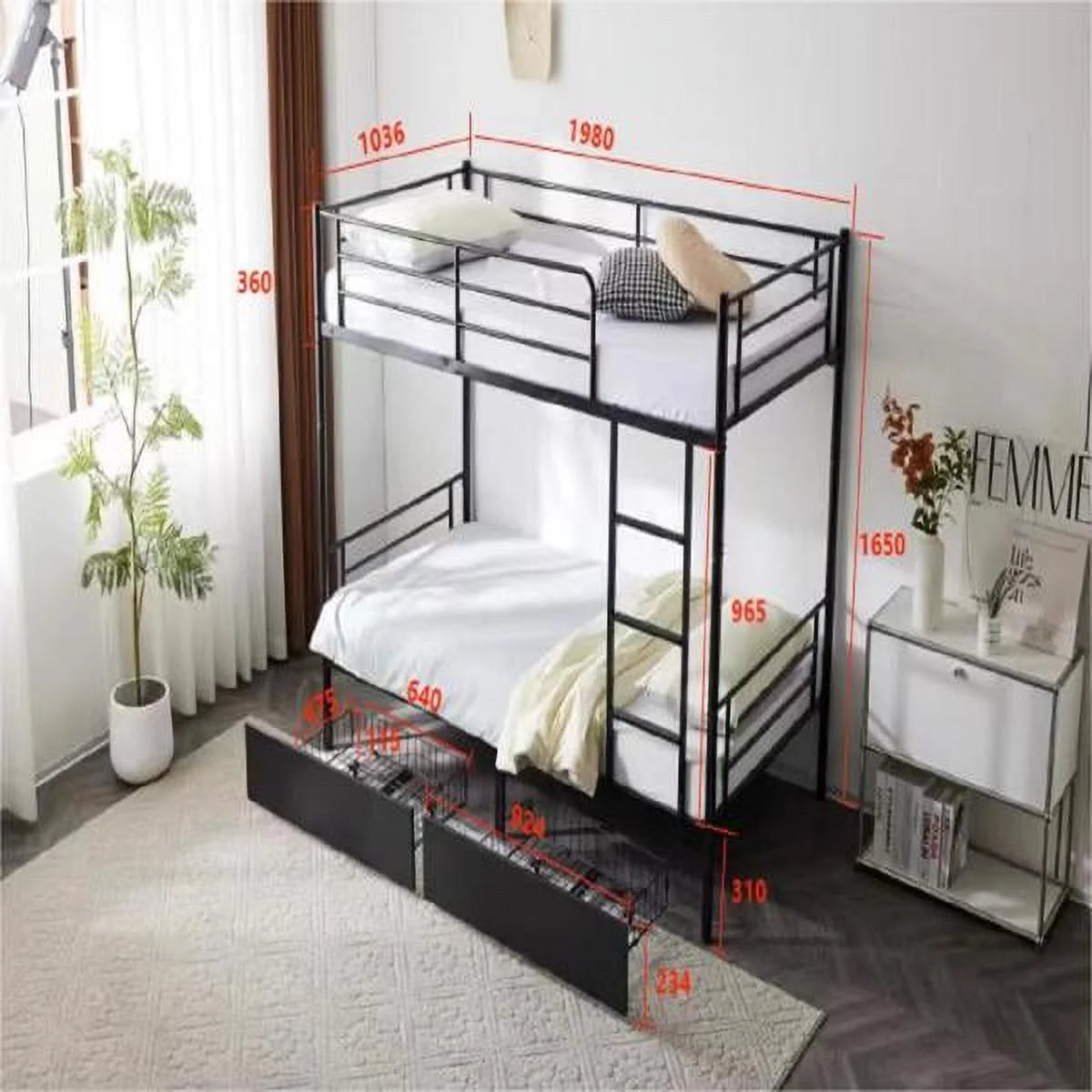 Black Twin Over Twin Iron Convertible Bunk Bed with 2 Storage Drawers K87543