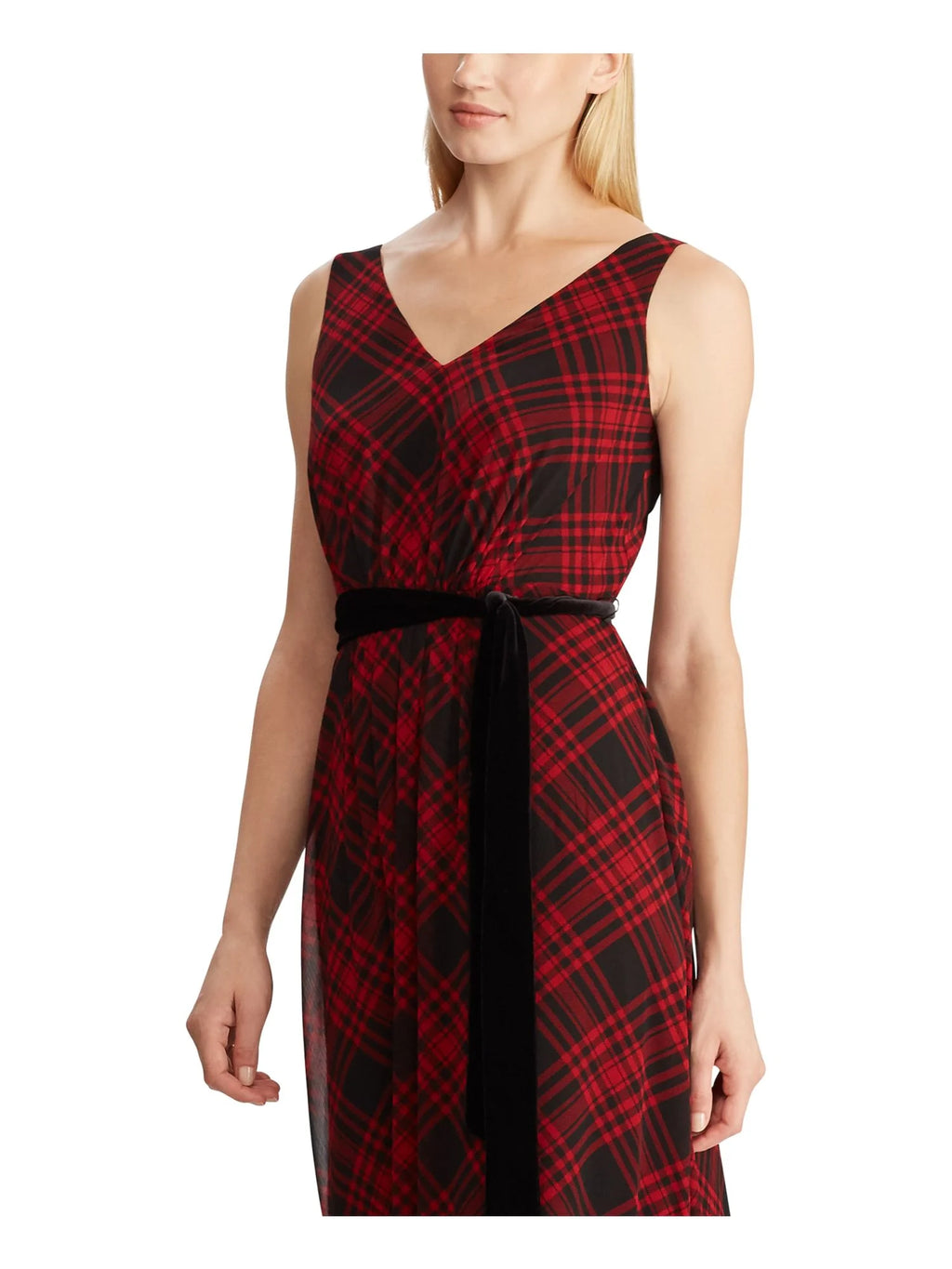 Black Plaid Sleeveless V Neck Maxi Sheath Dress E865693