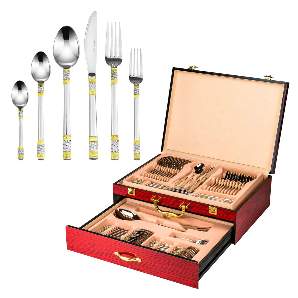 75-Piece 18/10 Stainless Steel Gold-Plated Cutlery Set with Wood Storage Case K38173