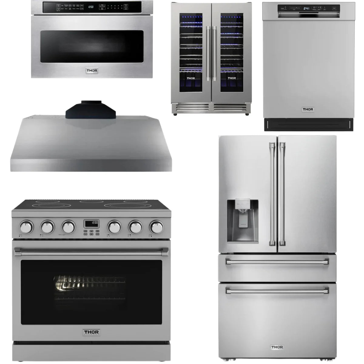 36 Electric Range, Range Hood, Refrigerator, Dishwasher, Microwave and Wine Cooler V36505