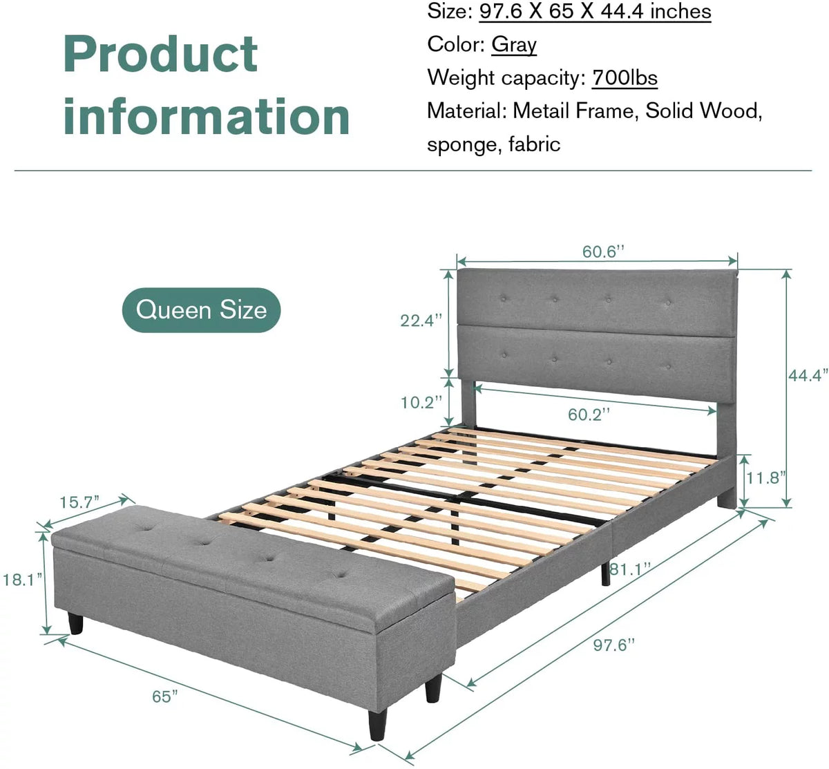 Gray Queen Platform Bed Frame with Storage Ottoman Bench & Headboard I30857