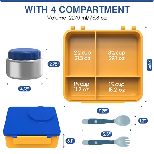 Leak-Proof Bento Box with Insulated Thermos Food Jar, 4 Compartments, Blue F78780