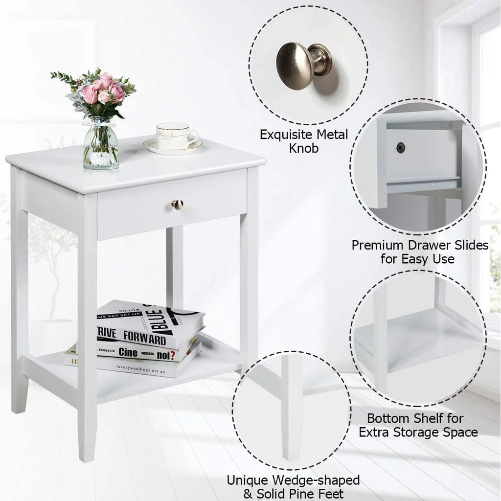 White 2-Tier Wooden Nightstand with Drawer P940027