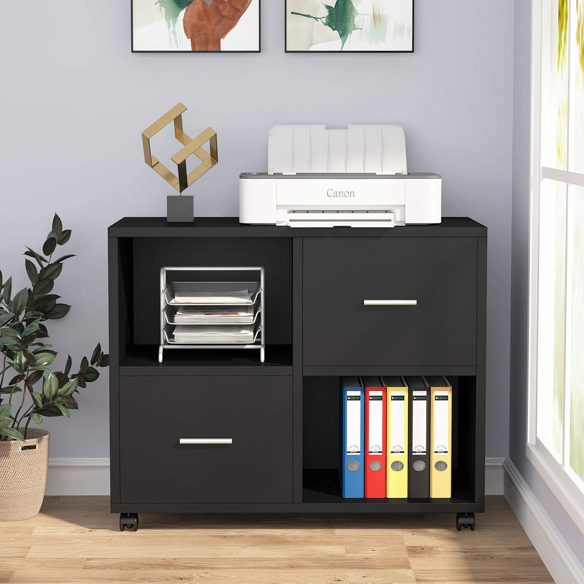 2 Drawers Mobile Lateral Filing Cabinet with Open Storage Shelves and Wheels B67863