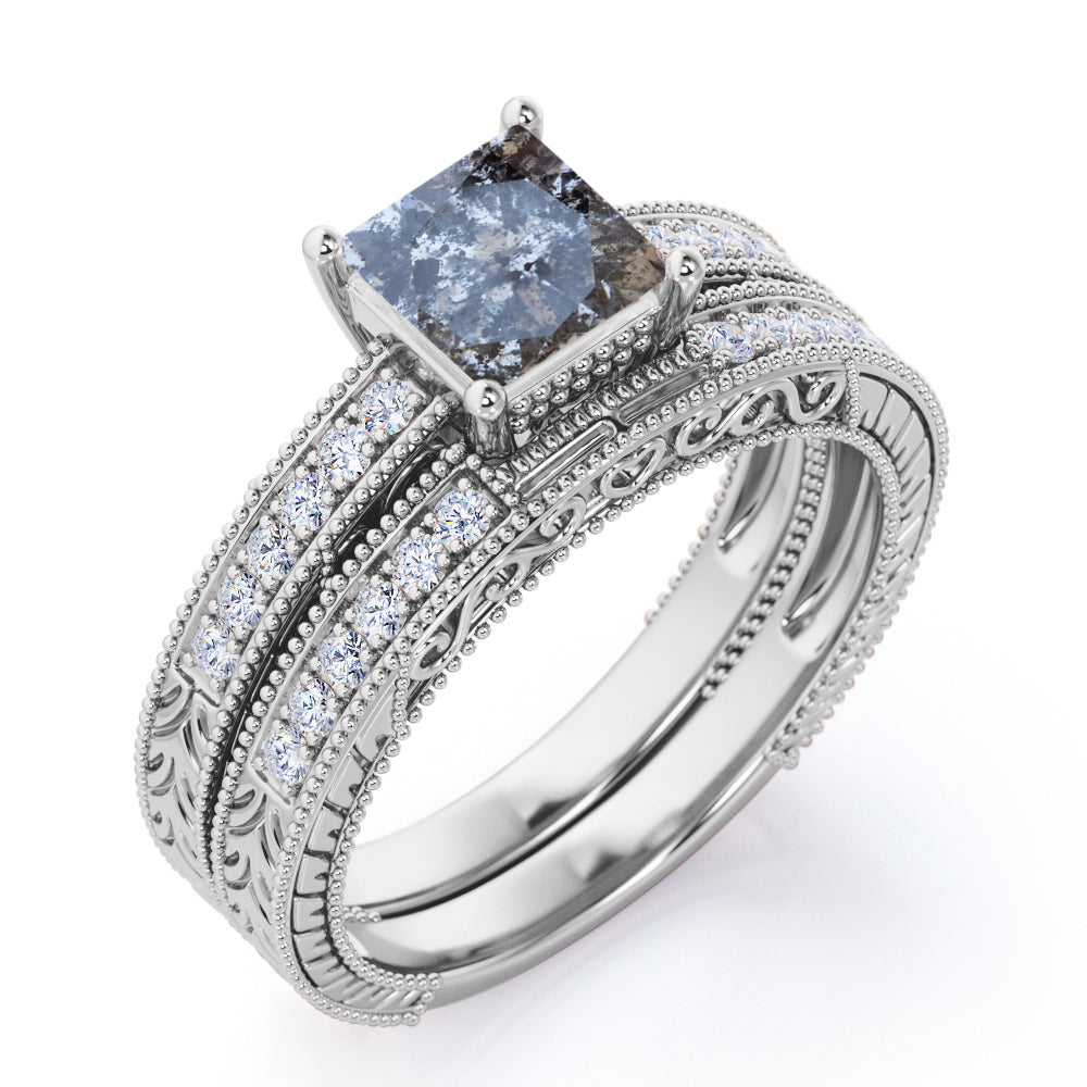 1 Carat Princess Cut Gray Salt and Pepper Diamond Bridal Set in 18K White Gold Plating over Silver I101650