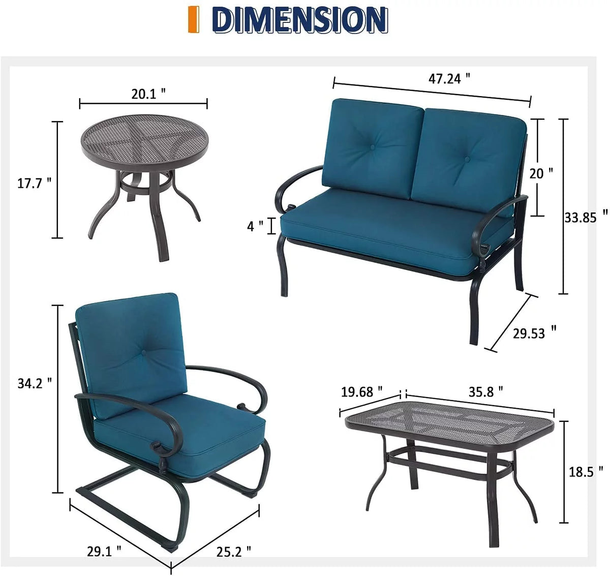 5-Piece Peacock Blue Outdoor Patio Metal Conversation Set with Tables V1012