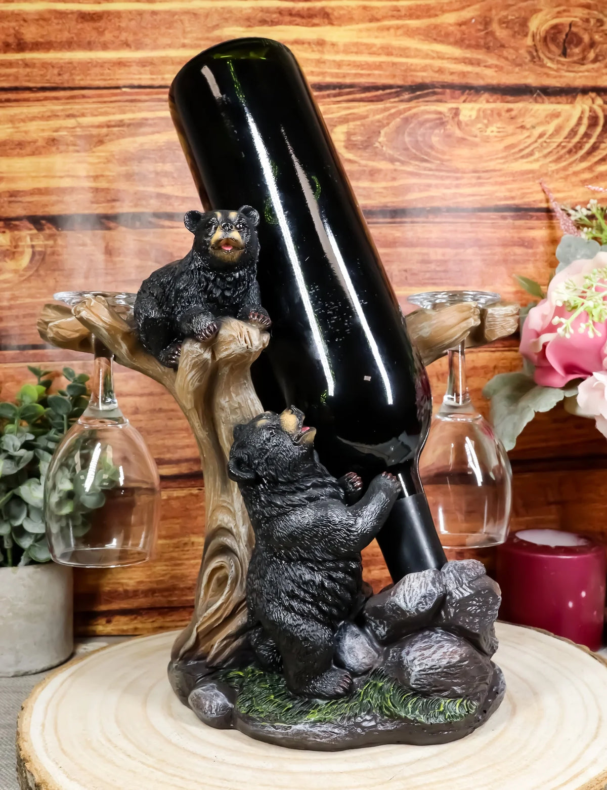 Black Bear Wine Glasses and Bottle Holder Figurine K60144