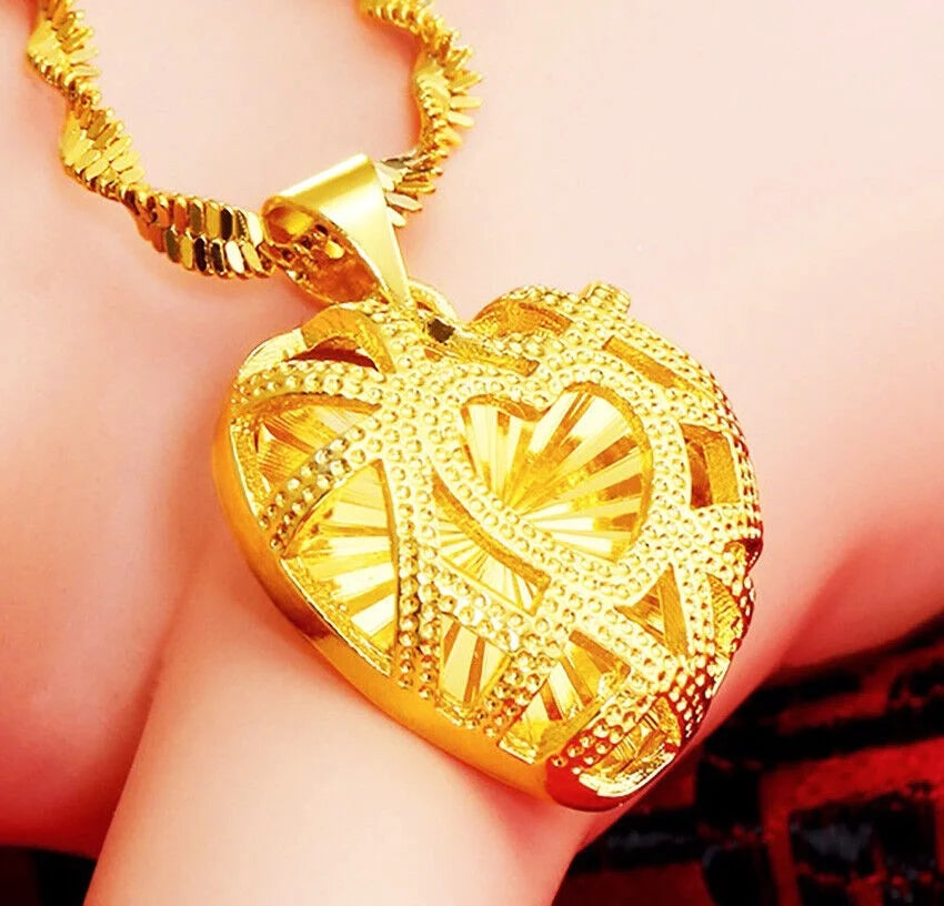 18k Gold Filled Over Silver Heart Link Chain Pendant Necklace V20497