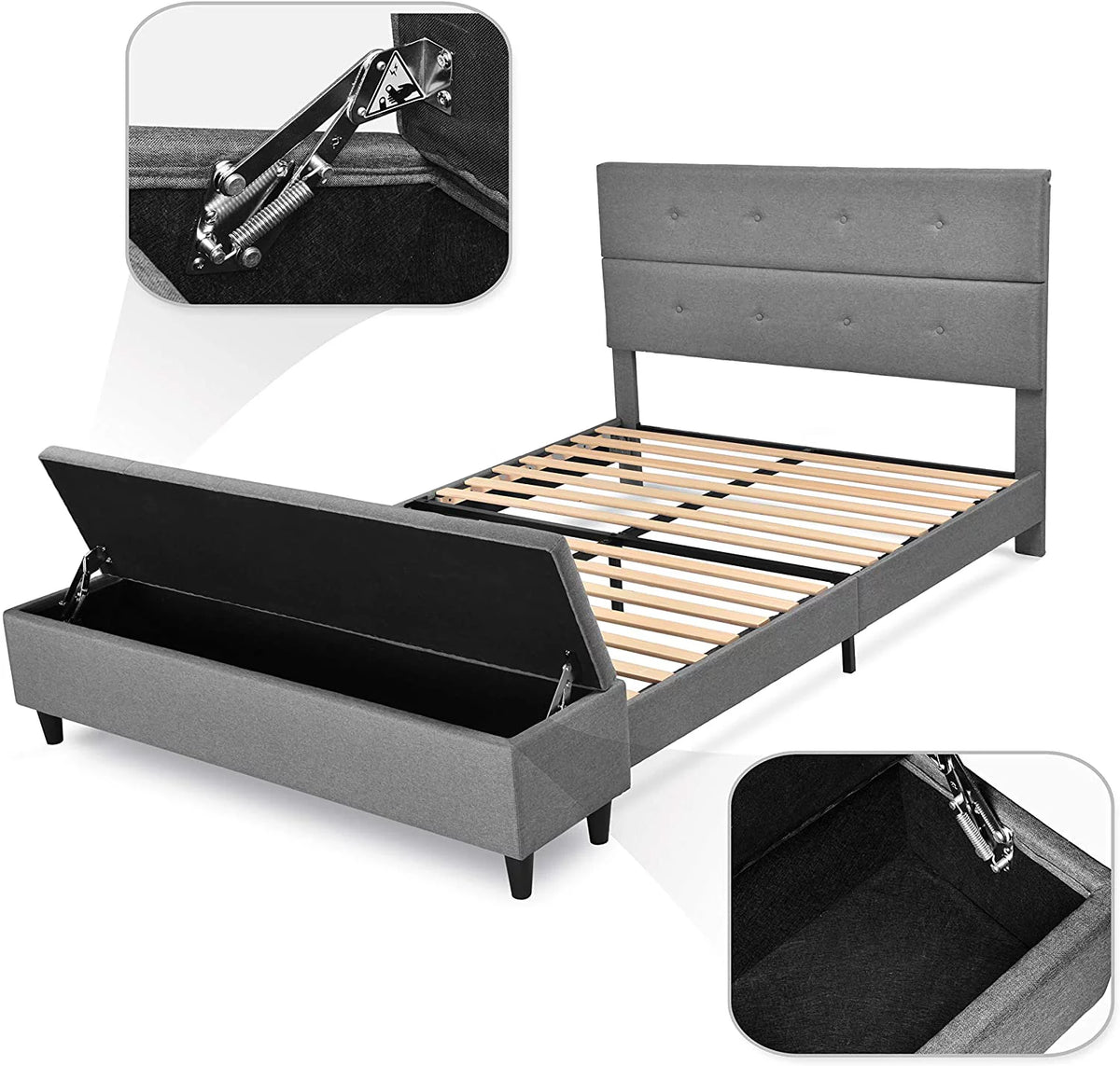 Gray Queen Platform Bed Frame with Storage Ottoman Bench & Headboard I30857