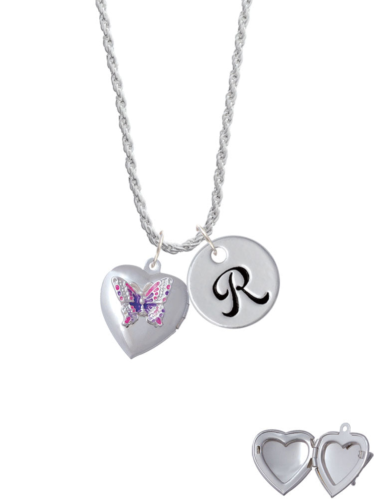 Silvertone Pink & Purple Butterfly Locket Script Initial Charm Necklace, 20"+3" H4551