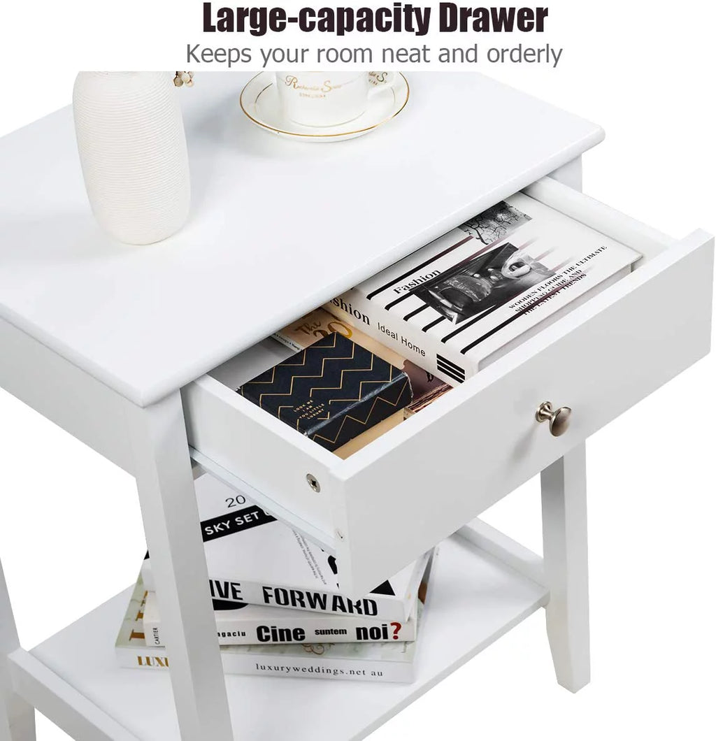 White 2-Tier Wooden Nightstand with Drawer P940027