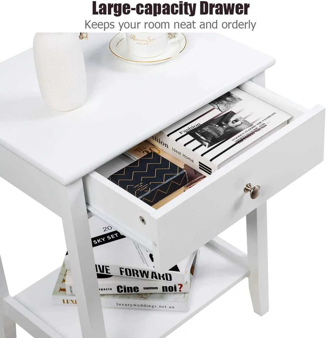 White 2-Tier Wooden Nightstand with Drawer P940027