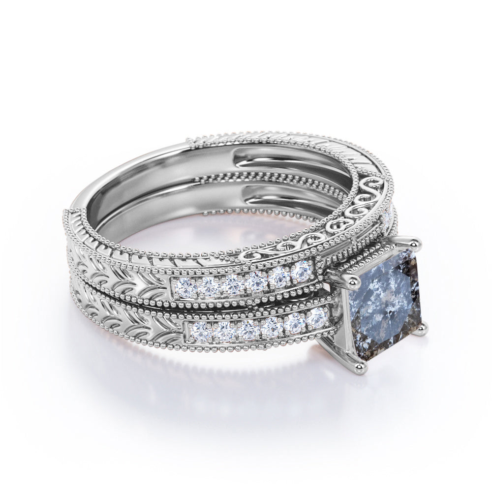 1 Carat Princess Cut Gray Salt and Pepper Diamond Bridal Set in 18K White Gold Plating over Silver I101650