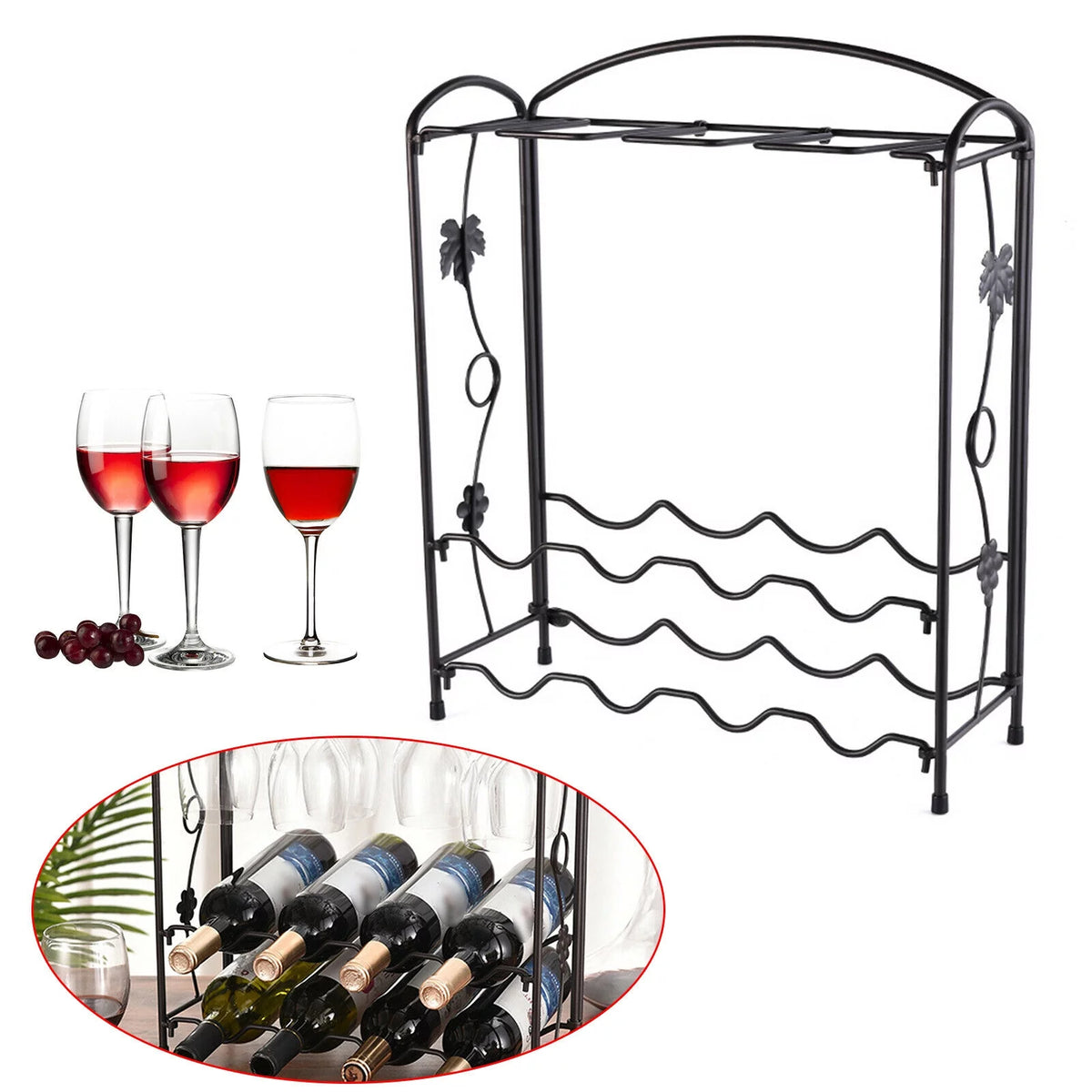 Metal Wine Rack with Glass Holder for 8 Bottles and 8 Glasses A2499