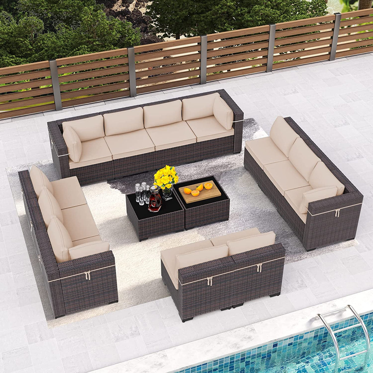 14 Pieces All Weather PE Wicker Patio Sectional Sofa Set with Coffee Table D88202