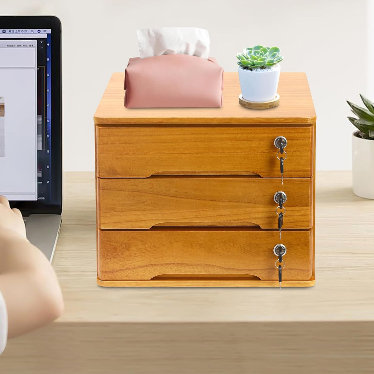 3-Tiers Wooden Desktop Storage Box with Lockable Drawers V578262