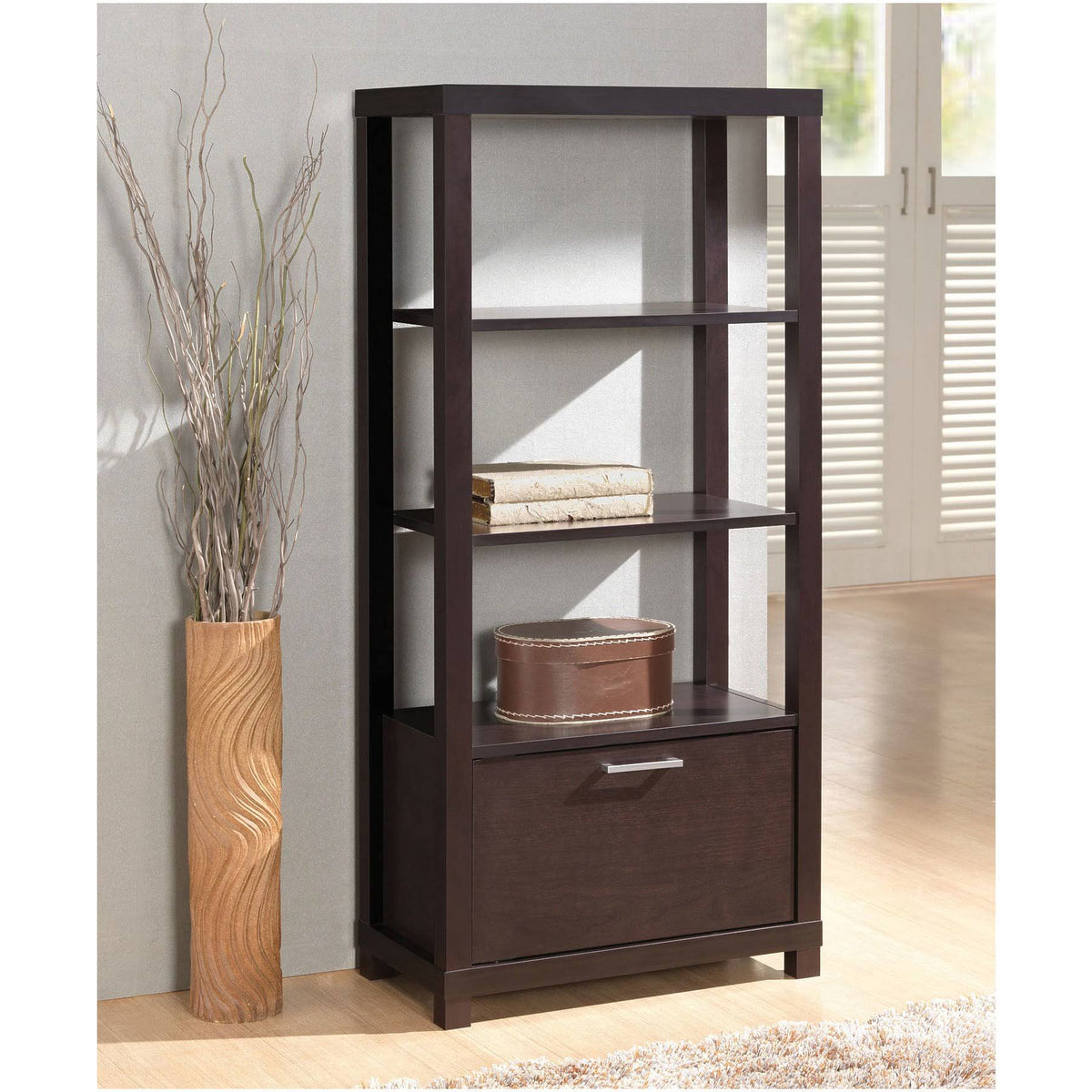 Espresso Bookcase with 3 Shelves and Door Y56552