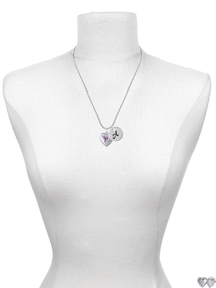 Silvertone Pink & Purple Butterfly Locket Script Initial Charm Necklace, 20"+3" H4551