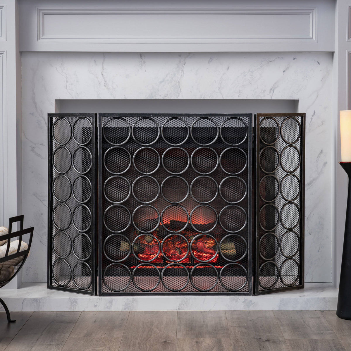 Black Silver Three Panel Iron Firescreen S124176