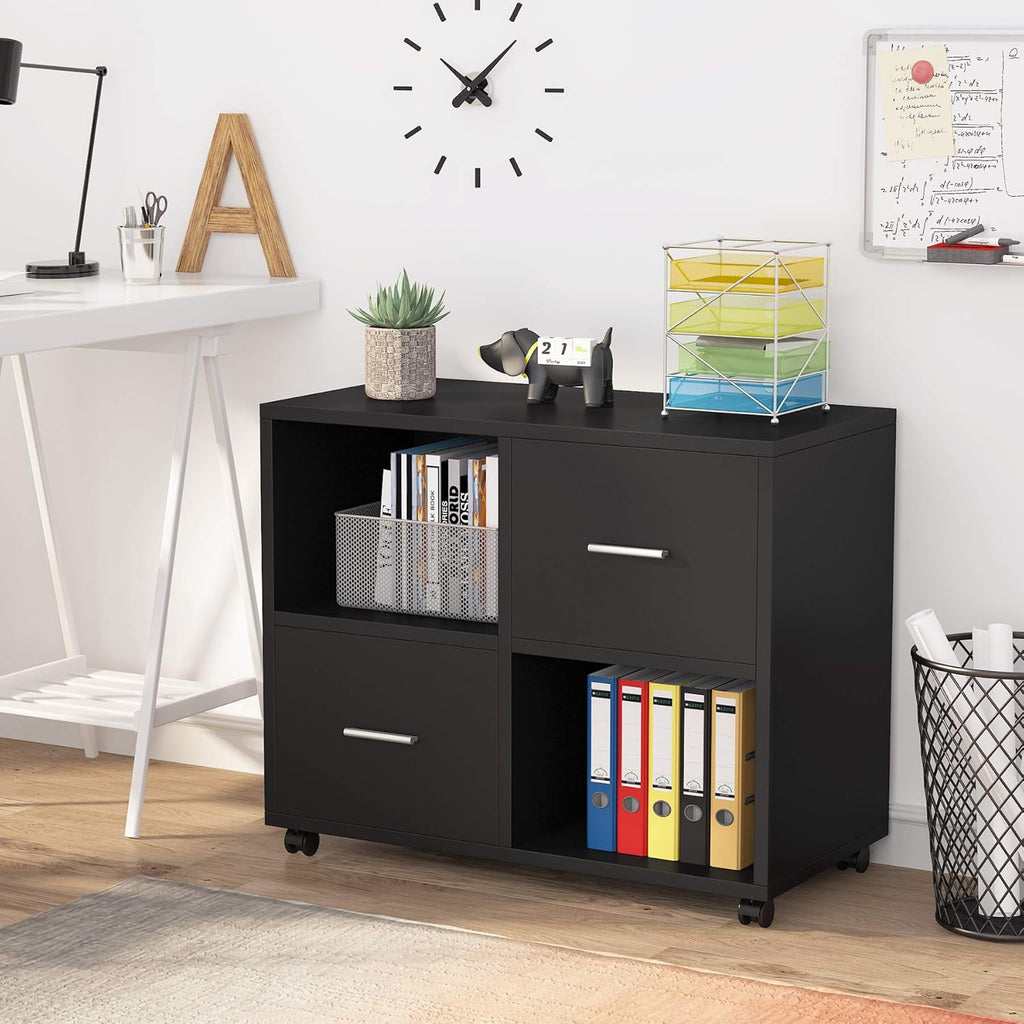2 Drawers Mobile Lateral Filing Cabinet with Open Storage Shelves and Wheels B67863