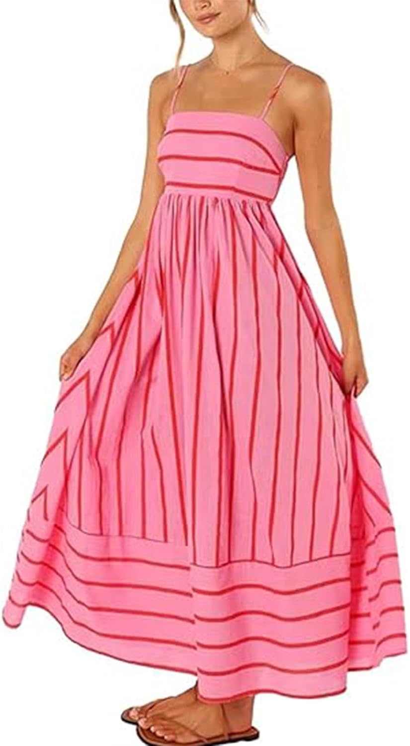 Striped Sleeveless Maxi Dress Backless Spaghetti Strap Bohemian Long Sundress P114919