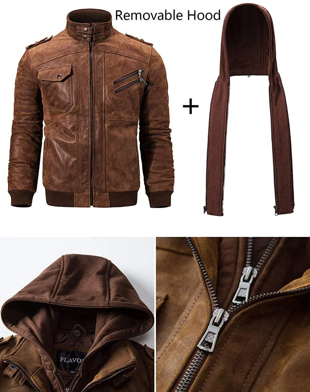 Brown Real Leather Jacket with Removable Hood Y13566