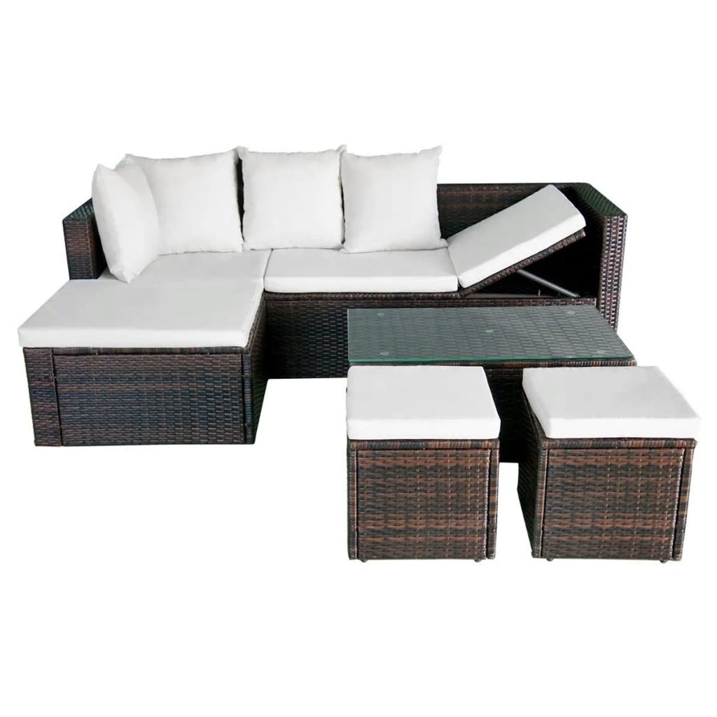 4 Piece Outdoor Conversation Set Cushioned Corner Sofa with Coffee Table and 2 Ottomans Brown Poly Rattan Q7333