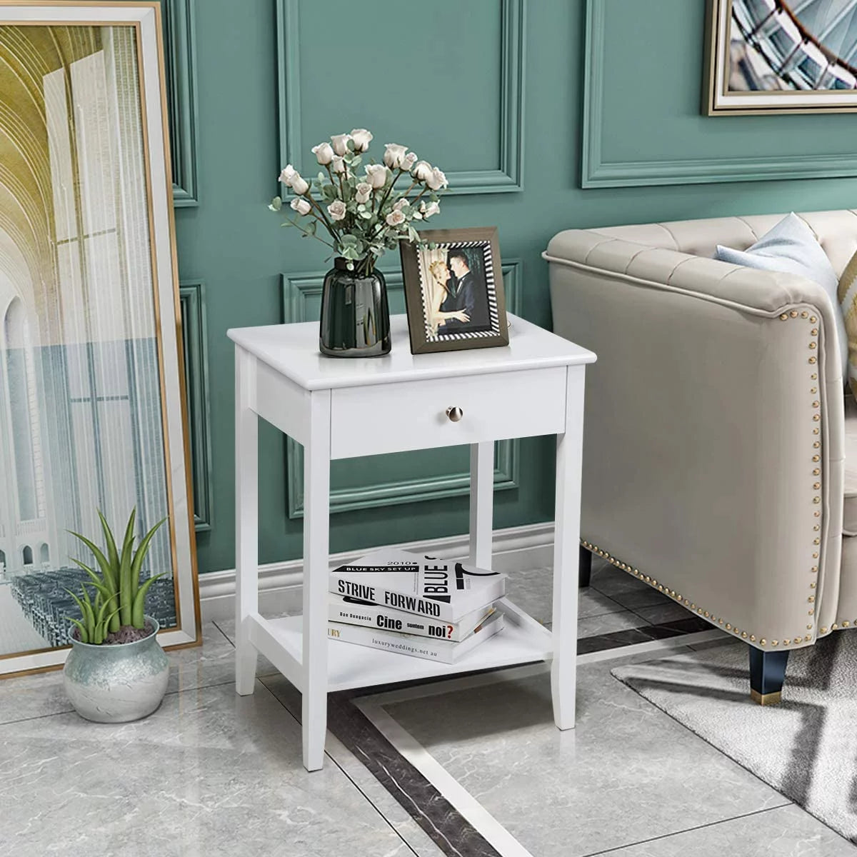 White 2-Tier Wooden Nightstand with Drawer P940027