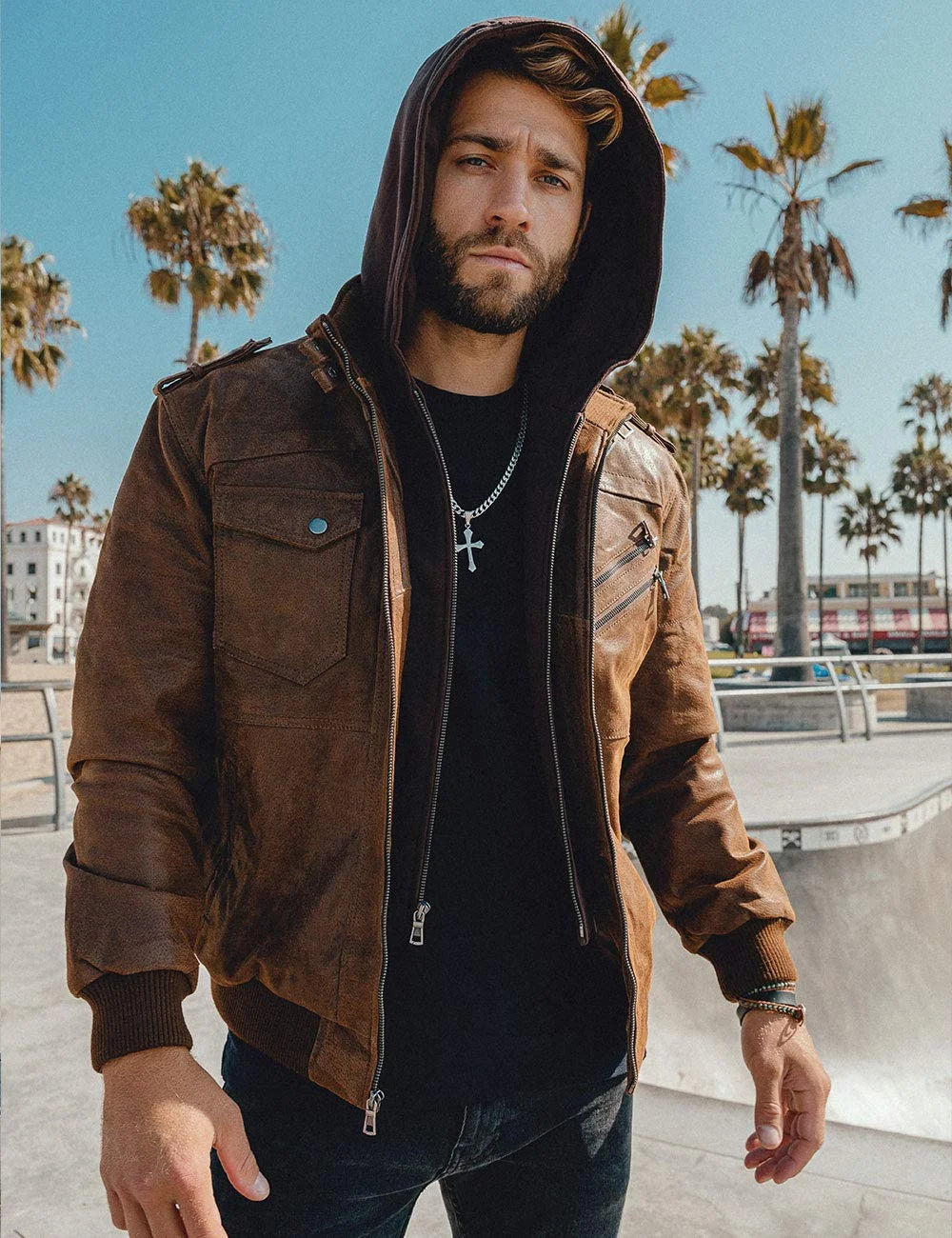 Brown Real Leather Jacket with Removable Hood Y13566
