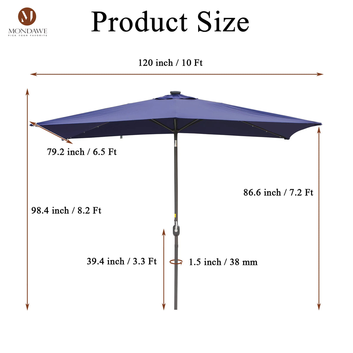 6.5 x 10ft Rectangular Patio Umbrella with 26 Led Lights K494