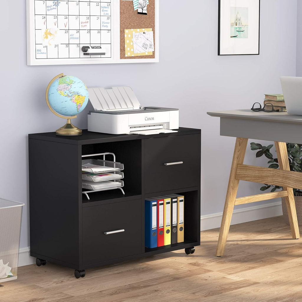 2 Drawers Mobile Lateral Filing Cabinet with Open Storage Shelves and Wheels B67863