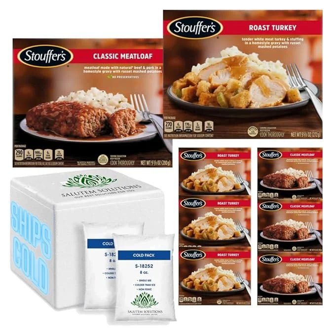 Variety Pack Classic Ketchup Glazed Meatloaf Meal 9.875 oz and Roast Tender White Turkey Frozen Meal 9.625 oz Pack of 8 Y87491