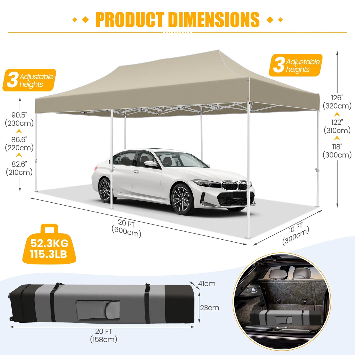 10x20 Pop up Canopy Tent Heavy Duty Waterproof UV 50+ Khaki G91798