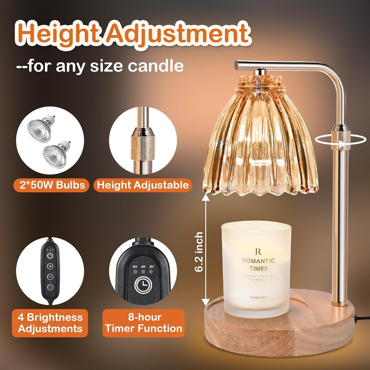 Electric Candle Warmer Lamp with Timer & Dimmer, Glass, Includes 2 Bulbs U707