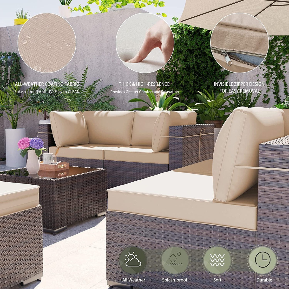 14 Pieces All Weather PE Wicker Patio Sectional Sofa Set with Coffee Table D88202