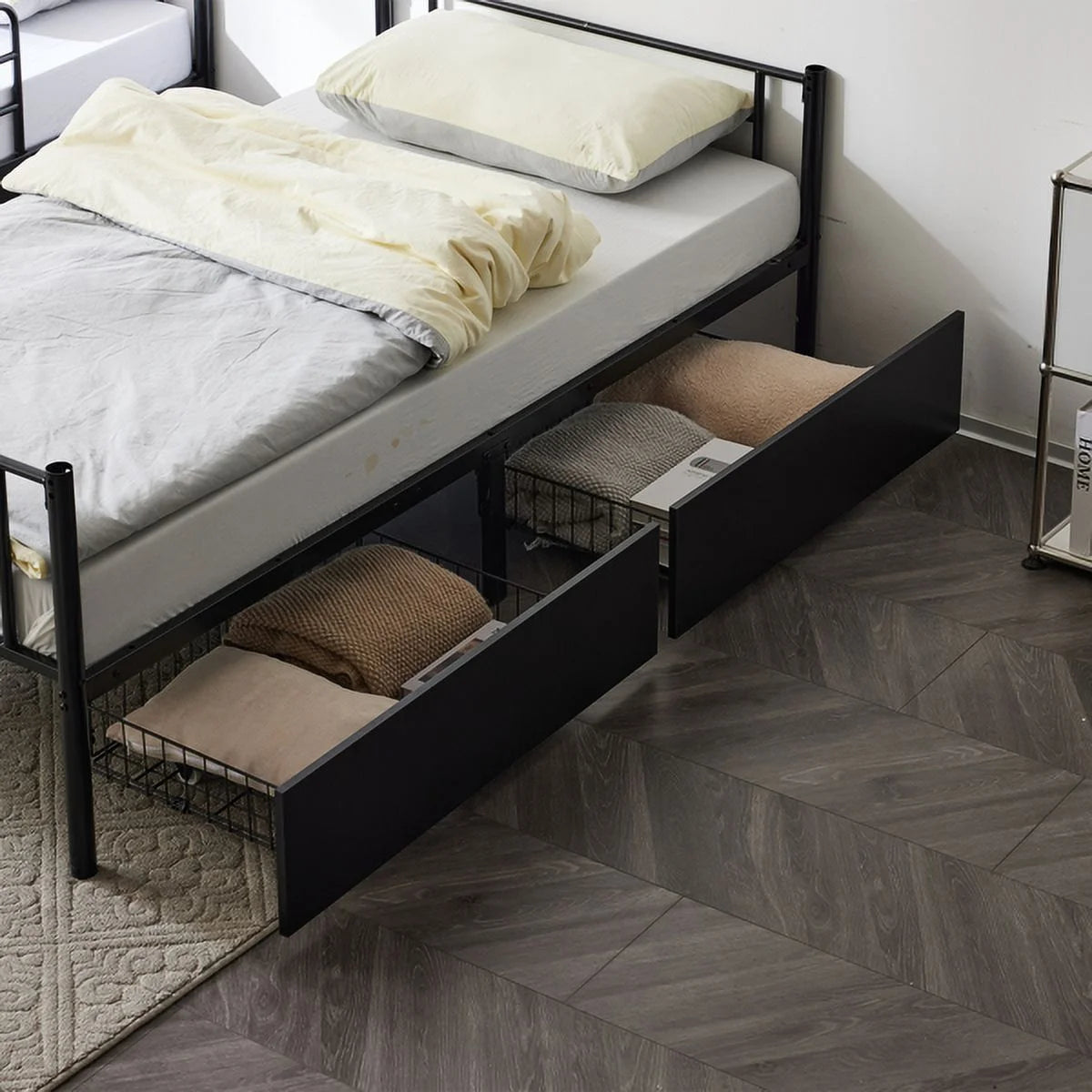 Black Twin Over Twin Iron Convertible Bunk Bed with 2 Storage Drawers K87543
