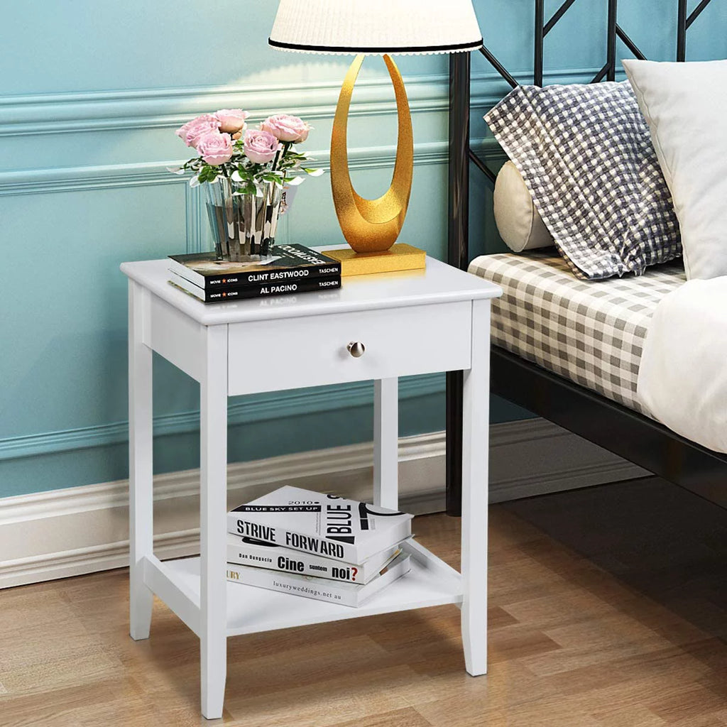 White 2-Tier Wooden Nightstand with Drawer P940027