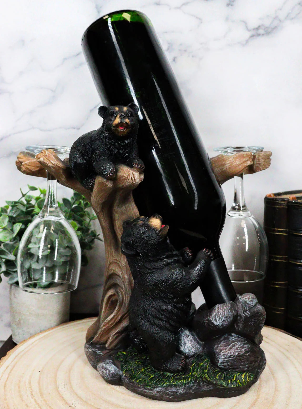 Black Bear Wine Glasses and Bottle Holder Figurine K60144