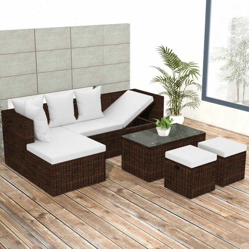 4 Piece Outdoor Conversation Set Cushioned Corner Sofa with Coffee Table and 2 Ottomans Brown Poly Rattan Q7333