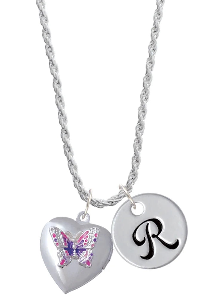 Silvertone Pink & Purple Butterfly Locket Script Initial Charm Necklace, 20"+3" H4551