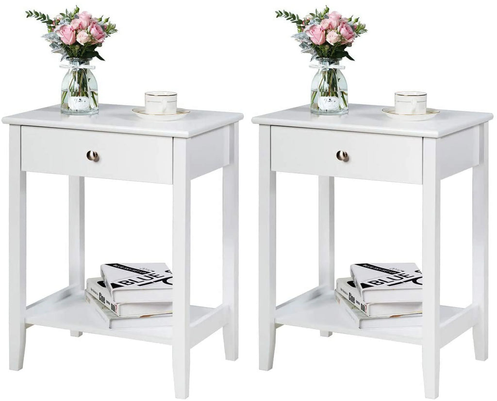 White 2-Tier Wooden Nightstand with Drawer P940027