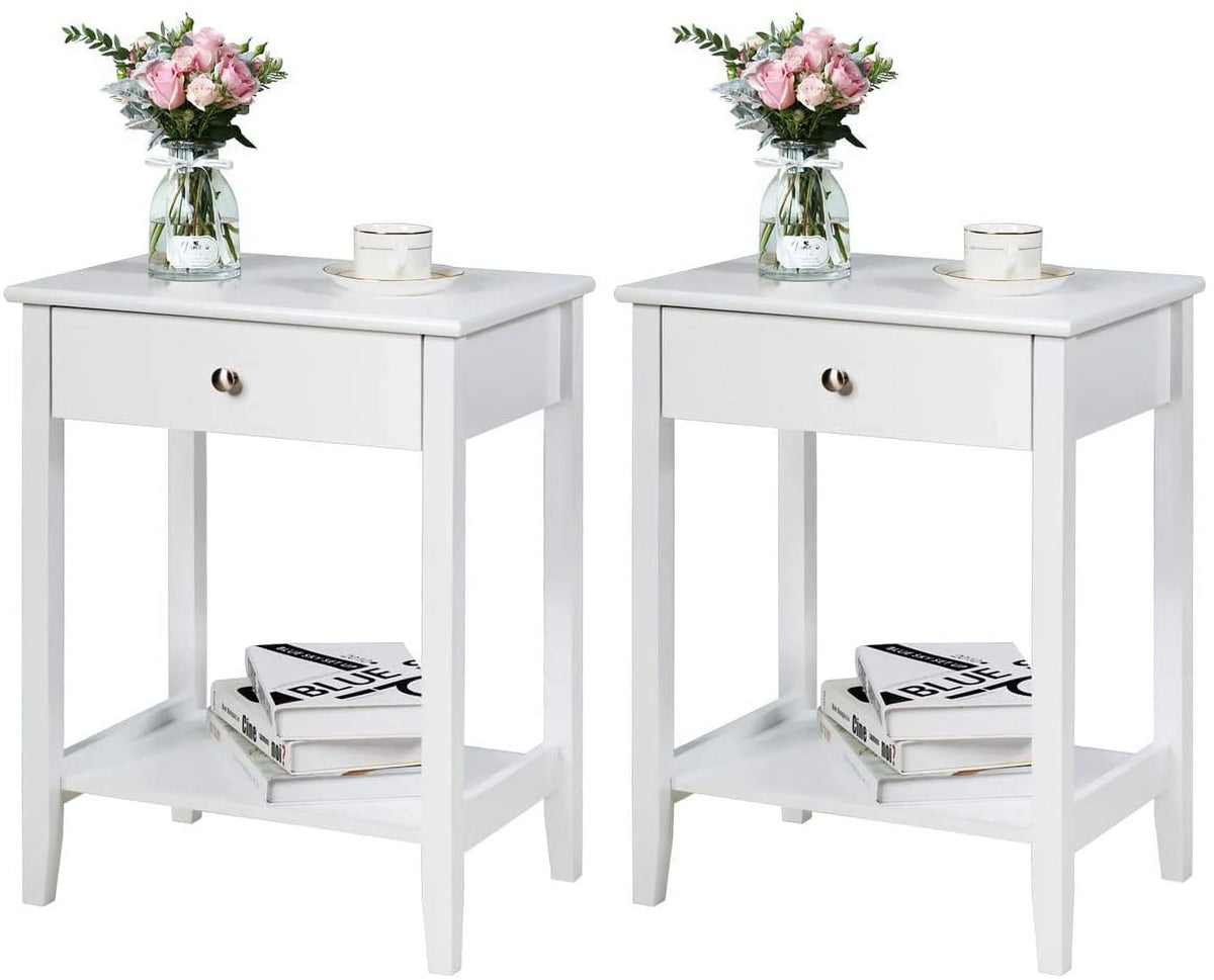 White 2-Tier Wooden Nightstand with Drawer P940027