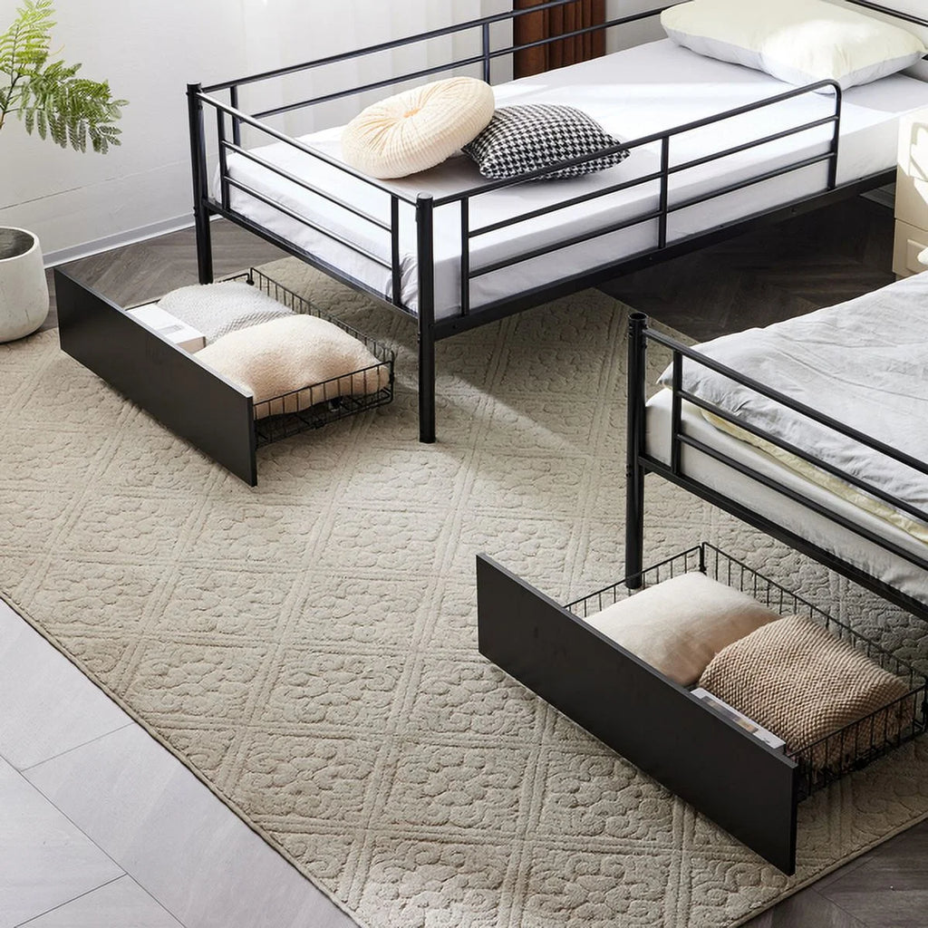 Black Twin Over Twin Iron Convertible Bunk Bed with 2 Storage Drawers K87543