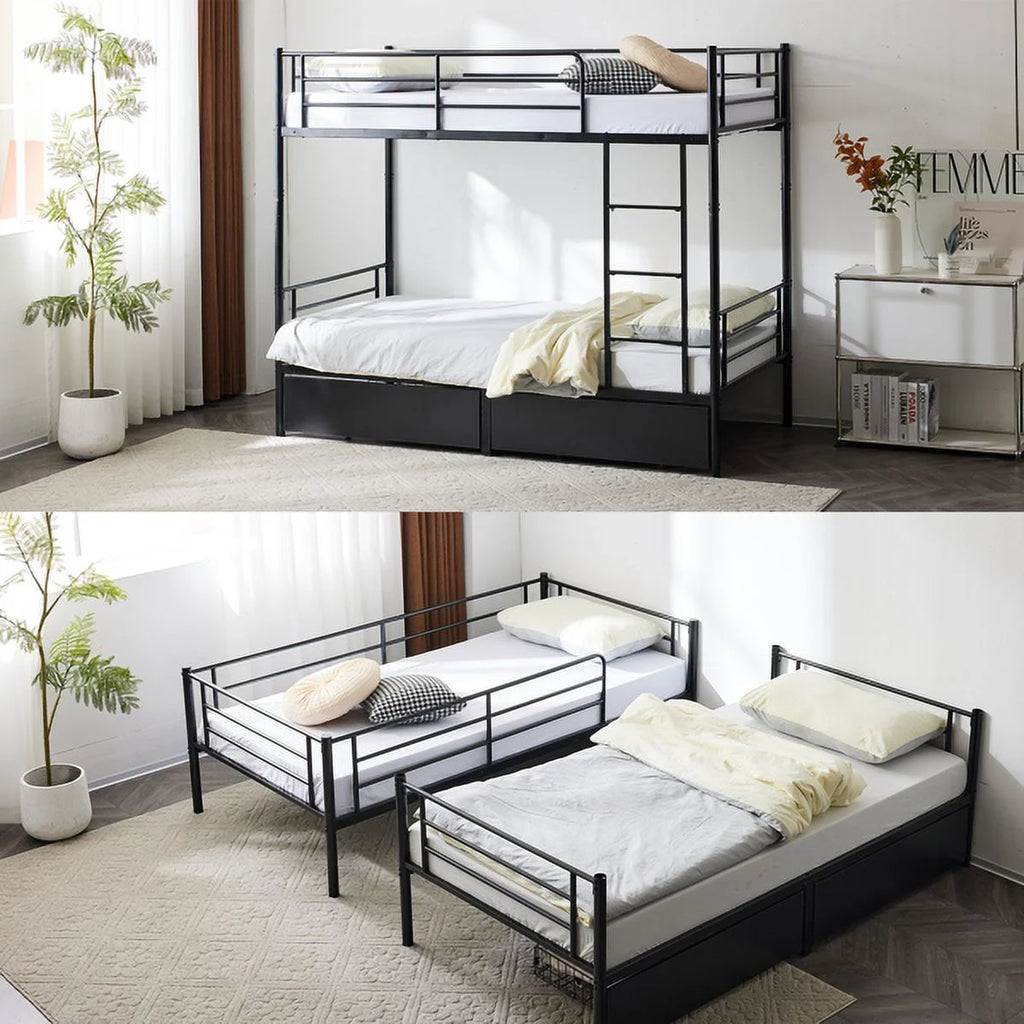 Black Twin Over Twin Iron Convertible Bunk Bed with 2 Storage Drawers K87543