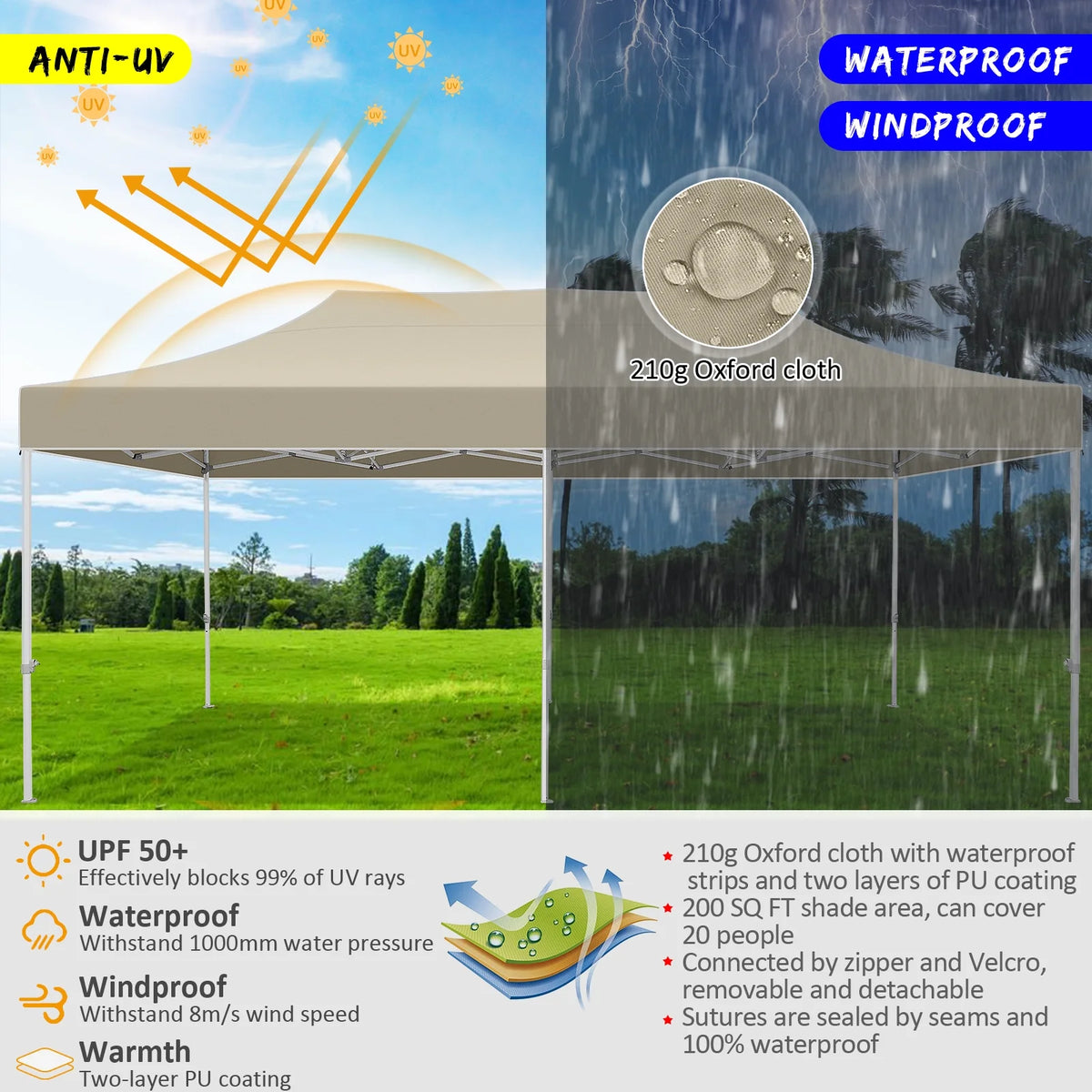 10x20 Pop up Canopy Tent Heavy Duty Waterproof UV 50+ Khaki G91798