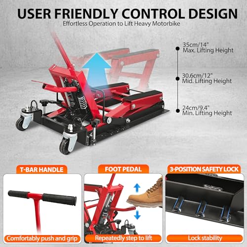 1500 LBS Capacity Solid Steel Hydraulic Motorcycle Lift Jack with Wheels and T-Bar Handle J486728