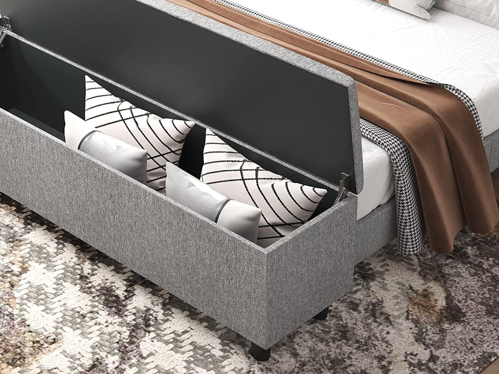 Gray Queen Platform Bed Frame with Storage Ottoman Bench & Headboard I30857