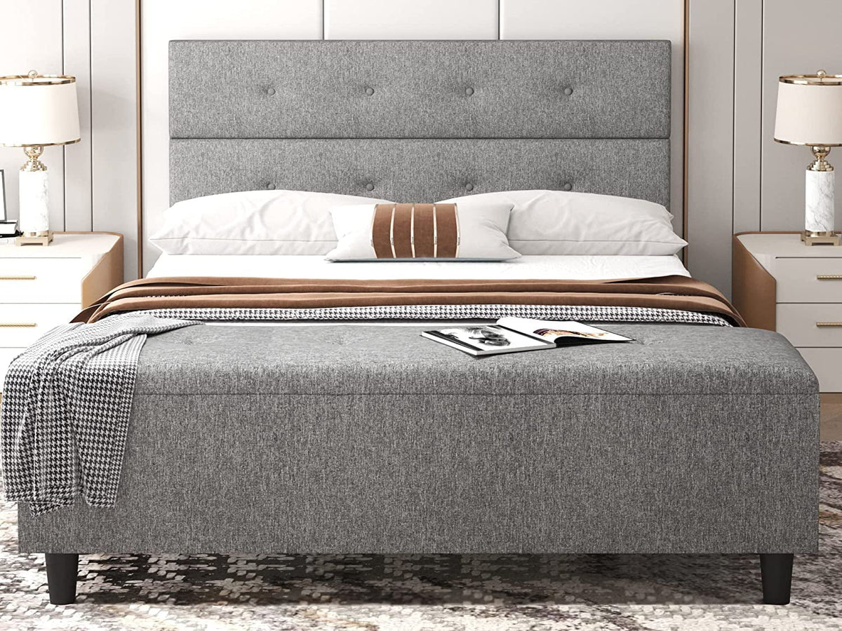 Gray Queen Platform Bed Frame with Storage Ottoman Bench & Headboard I30857