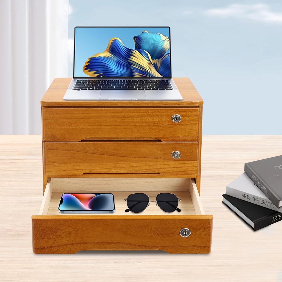 3-Tiers Wooden Desktop Storage Box with Lockable Drawers V578262
